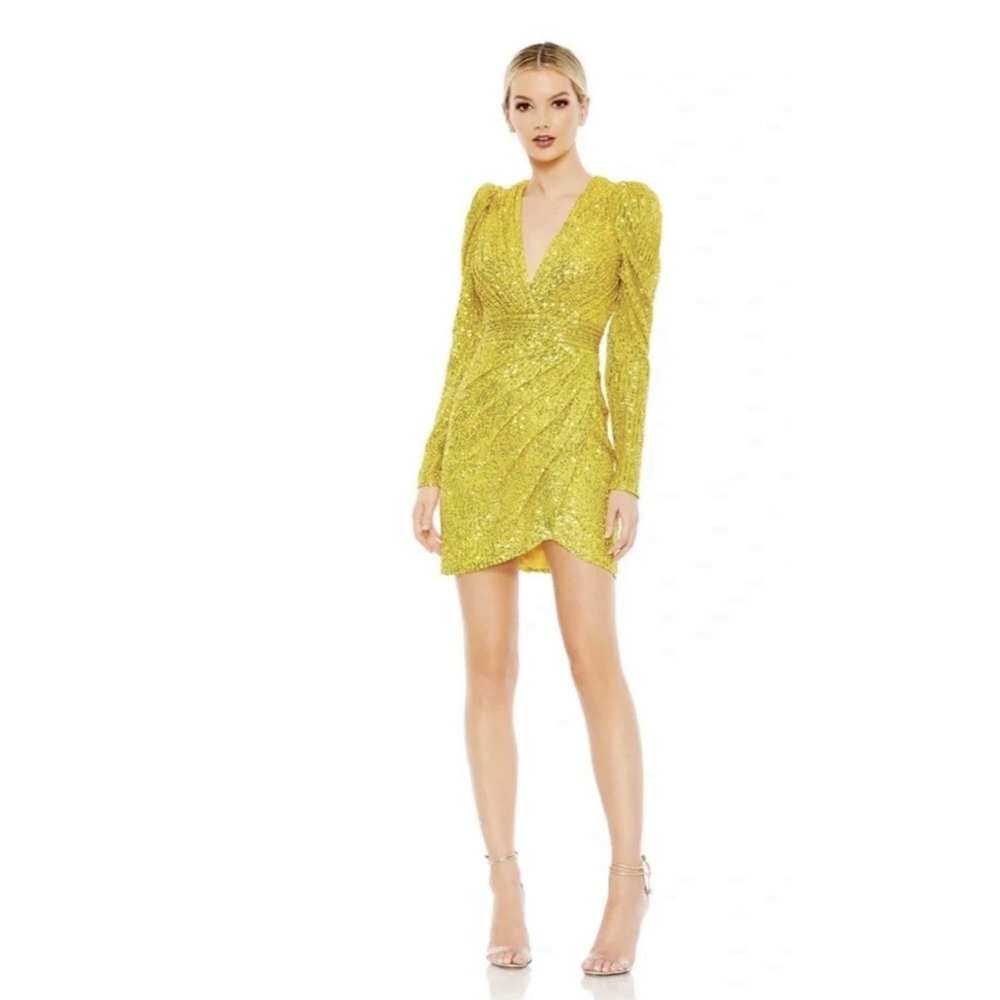 IEENA For Mac Duggal Yellow Gold Sequin Mini Dress Long Sleeve Size 2‎ Plunge